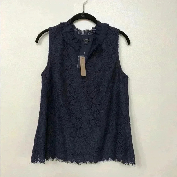 *NWT* J. Crew Women’s M Navy Blue Floral Lace Scalloped Hem Sleeveless Blouse - Picture 2 of 10
